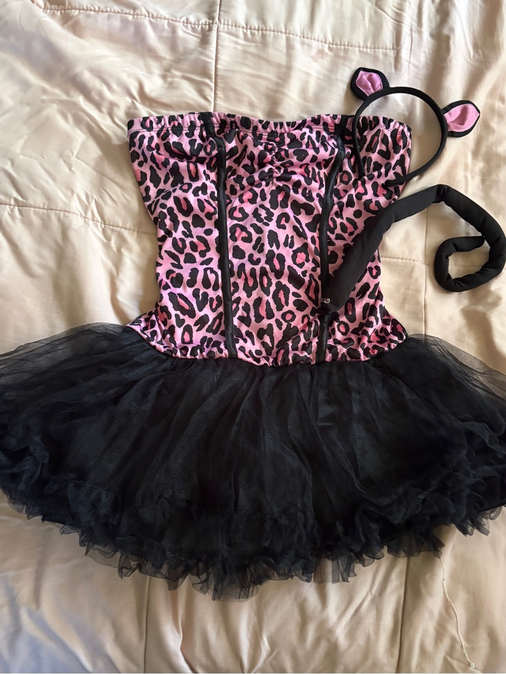 Pink Leopard Print + Black Tutu Kitty Costume with Ear Headband